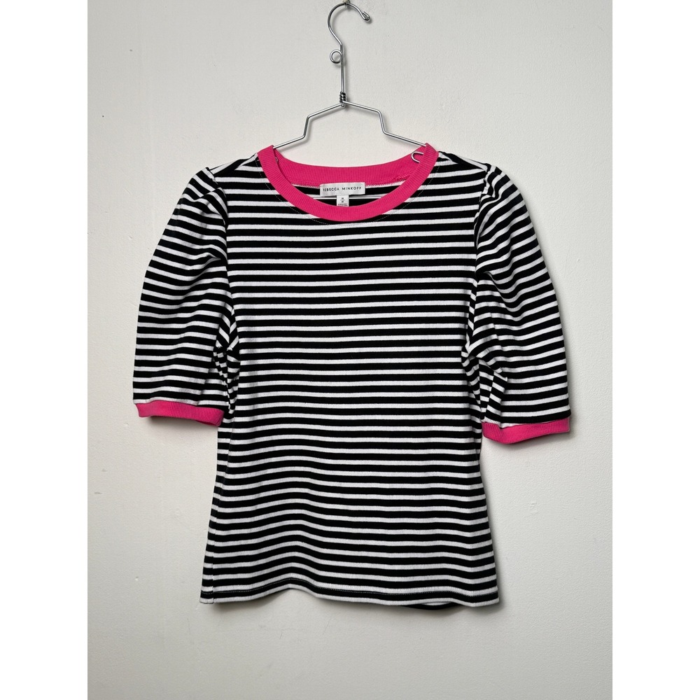Rebecca Minkoff Womens Striped Puff Sleeve Rib Knit Top Black Pink White Size M